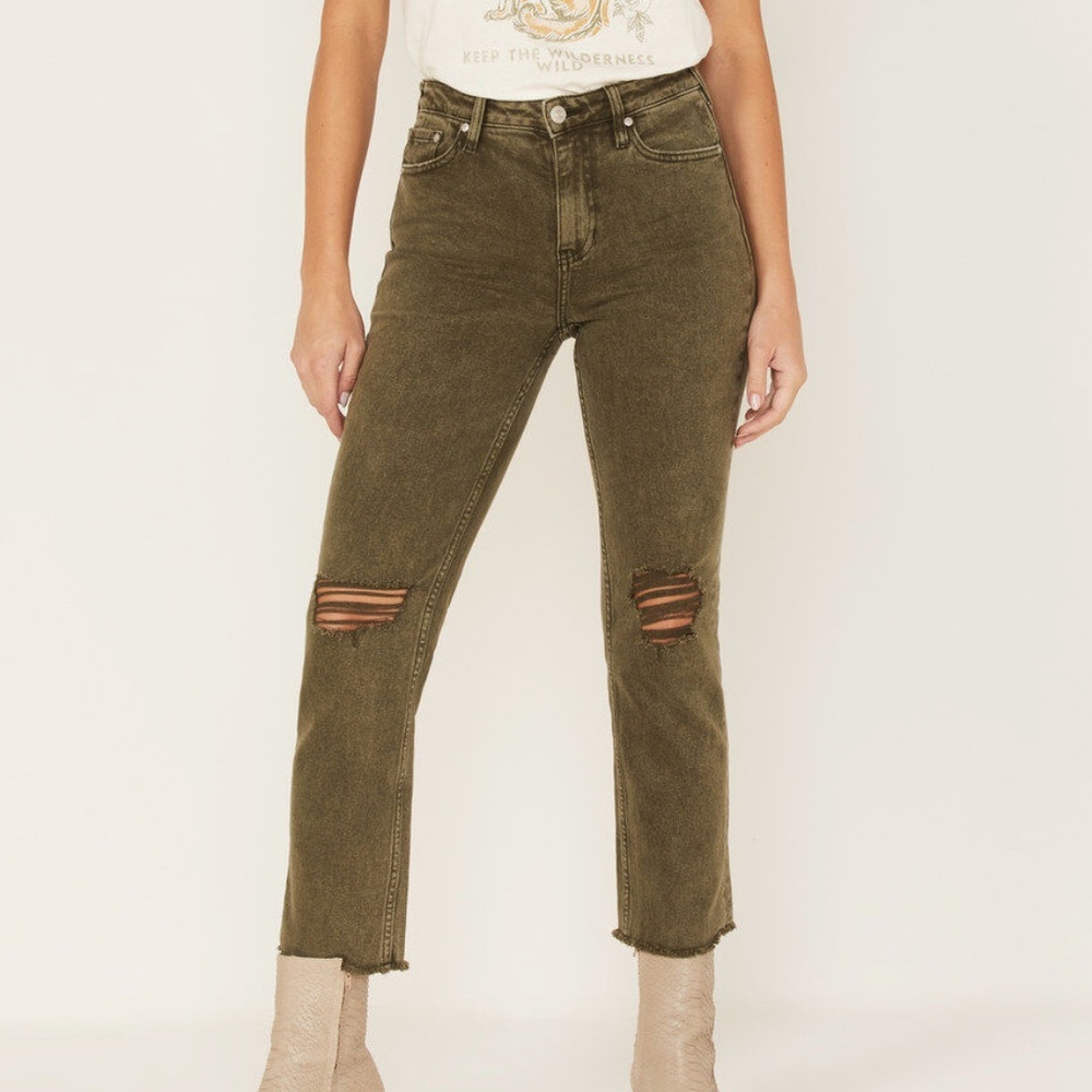 Cleo + Wolf High Rise Distressed Knee Slim Stretch Straight Jean (OLIVE)